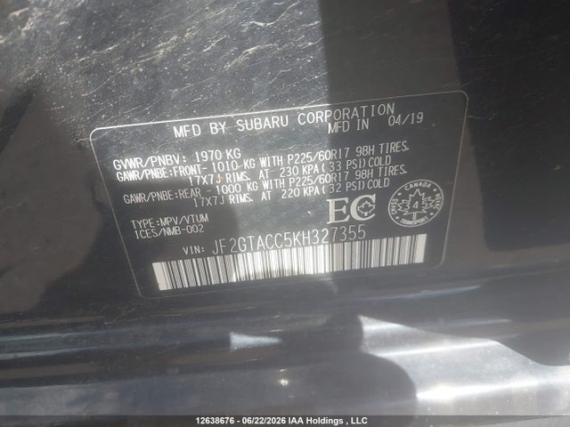 12638676 :رقم المزاد ، JF2GTACC5KH327355 vin ، 2019 Subaru Crosstrek Premium مزاد بيع