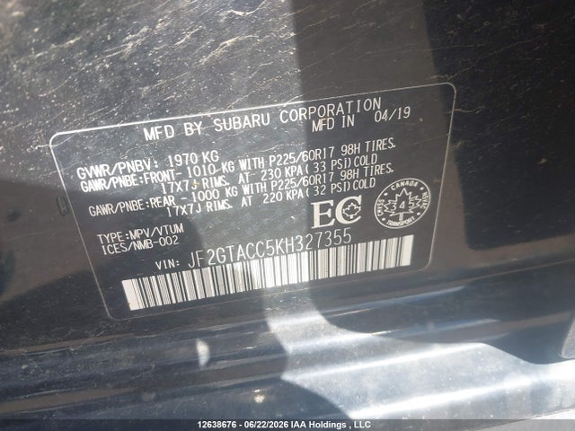 12638676 :رقم المزاد ، JF2GTACC5KH327355 vin ، 2019 Subaru Crosstrek Premium مزاد بيع