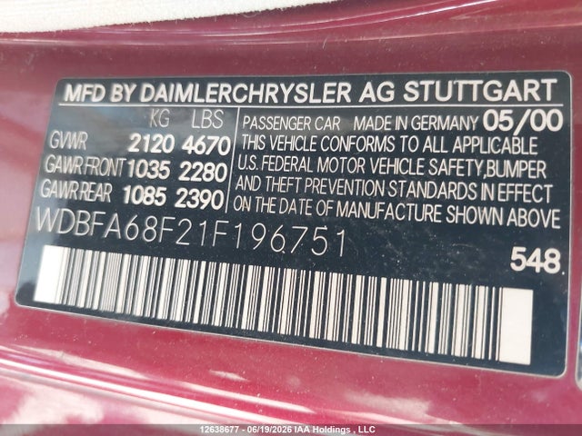 2001 Mercedes-benz Sl 500 მანქანა იყიდება აუქციონზე, vin: WDBFA68F21F196751, აუქციონის ნომერი: 12638677
