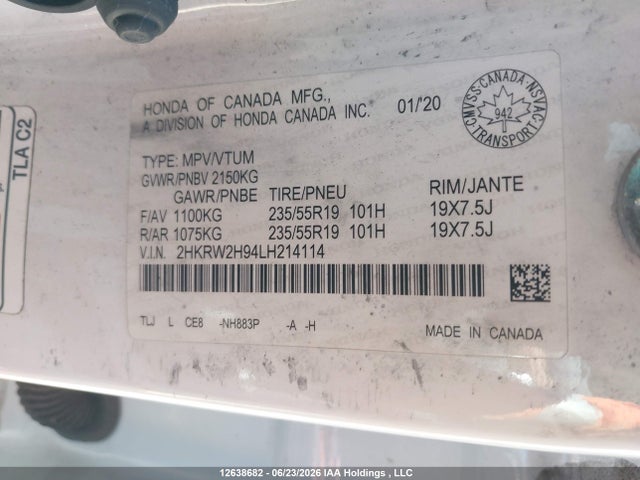 Продажа на аукционе авто 2020 Honda Cr-v Touring, vin: 2HKRW2H94LH214114, номер лота: 12638682