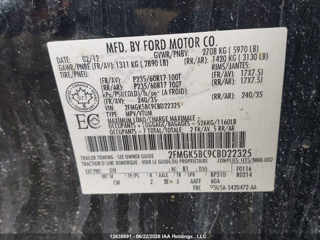 Aukcja sprzedaży 2012 Ford Flex Se, vin: 2FMGK5BC9CBD22325, numer aukcji: 12638691