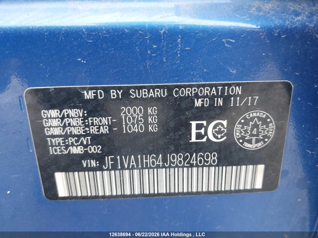 Продажа на аукционе авто 2018 Subaru Wrx Sport-tech, vin: JF1VA1H64J9824698, номер лота: 12638694