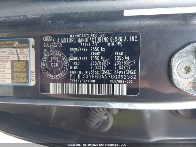 2016 Kia Sorento Lx/l მანქანა იყიდება აუქციონზე, vin: 5XYPGDA57GG092532, აუქციონის ნომერი: 12638696