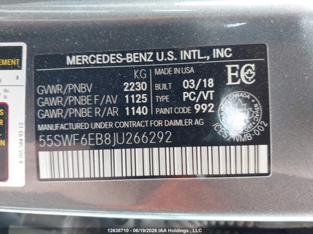 Продажа на аукционе авто 2018 Mercedes-benz Amg C 43 4matic, vin: 55SWF6EB8JU266292, номер лота: 12638710