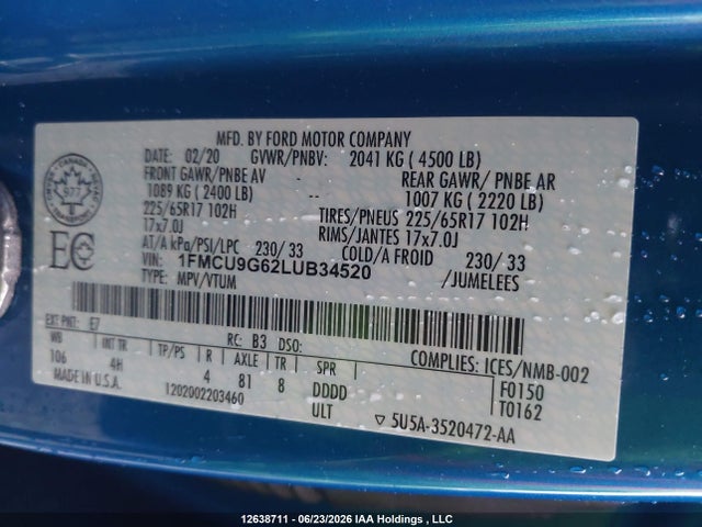 12638711 :رقم المزاد ، 1FMCU9G62LUB34520 vin ، 2020 Ford Escape Se مزاد بيع