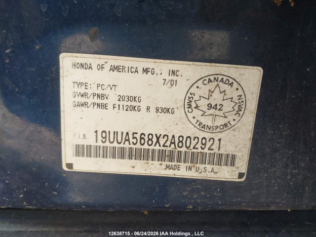 2002 Acura 3.2tl Type-s მანქანა იყიდება აუქციონზე, vin: 19UUA568X2A802921, აუქციონის ნომერი: 12638715