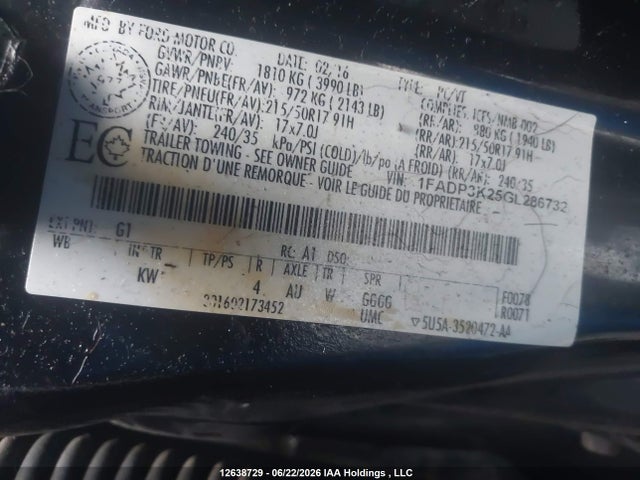 12638729 :رقم المزاد ، 1FADP3K25GL286732 vin ، 2016 Ford Focus Se مزاد بيع