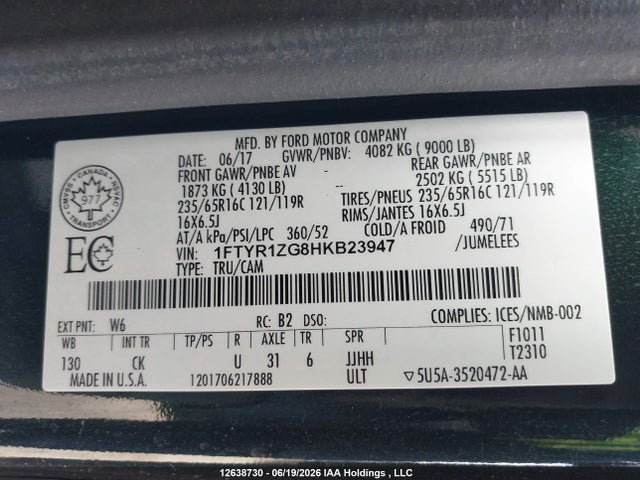 12638730 :رقم المزاد ، 1FTYR1ZG8HKB23947 vin ، 2017 Ford Transit T-250 مزاد بيع