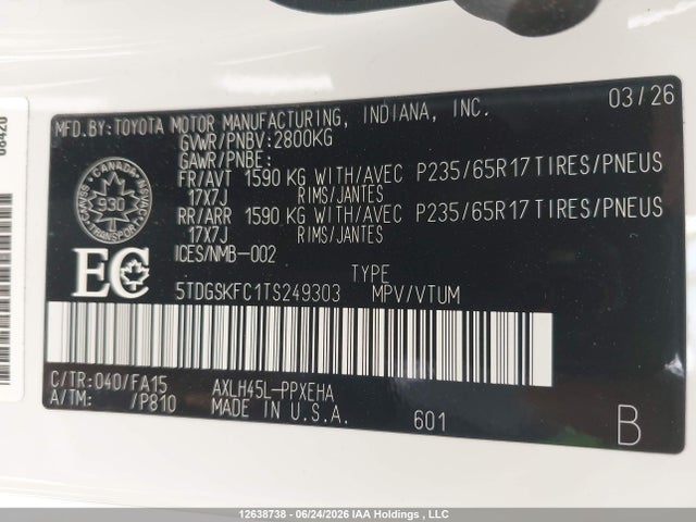 Продаж на аукціоні авто 2026 Toyota Sienna Le/xse/limited/platinum, vin: 5TDGSKFC1TS249303, номер лоту: 12638738