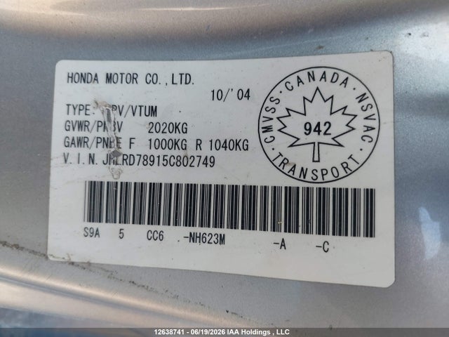 12638741 :رقم المزاد ، JHLRD78915C802749 vin ، 2005 Honda Cr-v Ex-l مزاد بيع