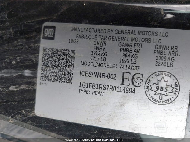 Aukcja sprzedaży 2024 Chevrolet Camaro 1lt, vin: 1G1FB1RS7R0114694, numer aukcji: 12638742