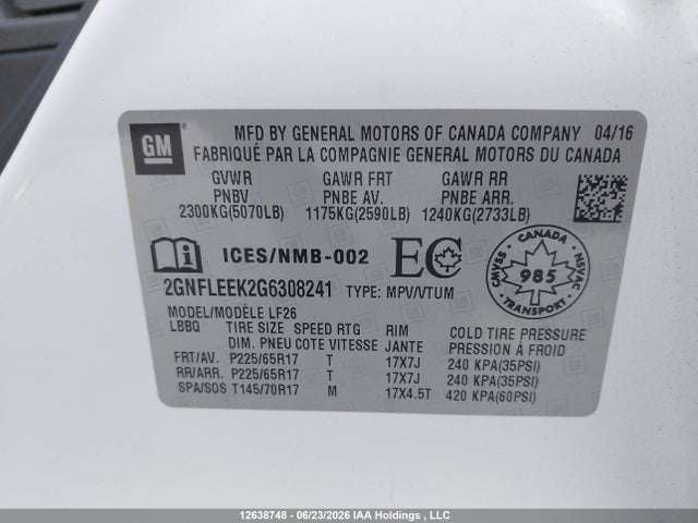 12638748 :رقم المزاد ، 2GNFLEEK2G6308241 vin ، 2016 Chevrolet Equinox Ls مزاد بيع
