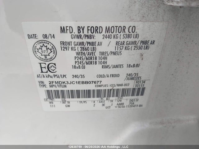 2014 Ford Edge Sel მანქანა იყიდება აუქციონზე, vin: 2FMDK3JC1EBB07677, აუქციონის ნომერი: 12638759