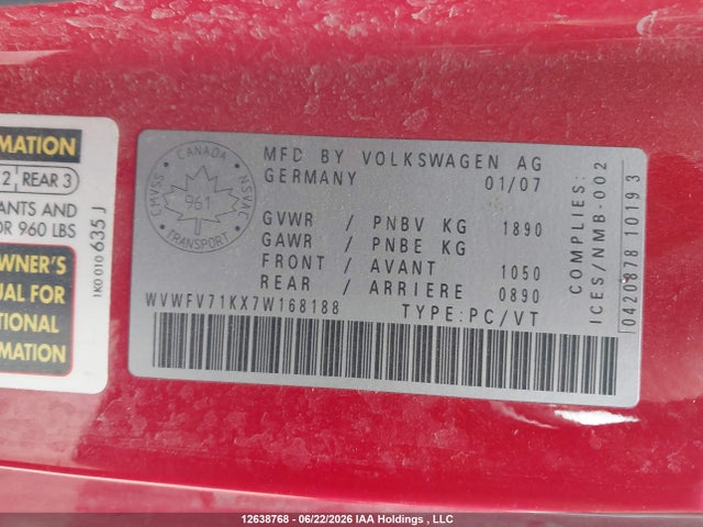 12638768 :رقم المزاد ، WVWFV71KX7W168188 vin ، 2007 Volkswagen New Gti Fahrenheit مزاد بيع