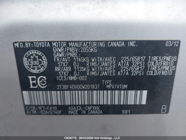 2012 Toyota Rav4 მანქანა იყიდება აუქციონზე, vin: 2T3BF4DV0CW201837, აუქციონის ნომერი: 12638770