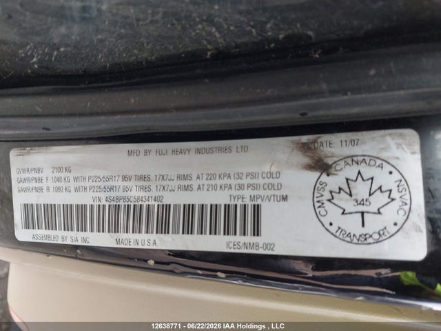 2008 Subaru Outback 3.0r მანქანა იყიდება აუქციონზე, vin: 4S4BP85C584341402, აუქციონის ნომერი: 12638771