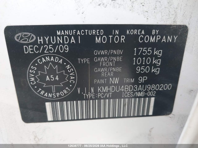 12638777 :رقم المزاد ، KMHDU4BD3AU980200 vin ، 2010 Hyundai Elantra Blue/gls/se مزاد بيع