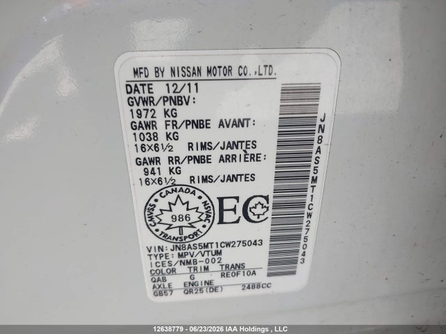 Aukcja sprzedaży 2012 Nissan Rogue S, vin: JN8AS5MT1CW275043, numer aukcji: 12638779