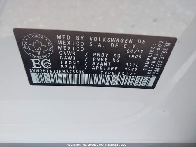 Продаж на аукціоні авто 2017 Volkswagen Jetta 1.4 Tsi Trendline+, vin: 3VW2B7AJ3HM375535, номер лоту: 12638784