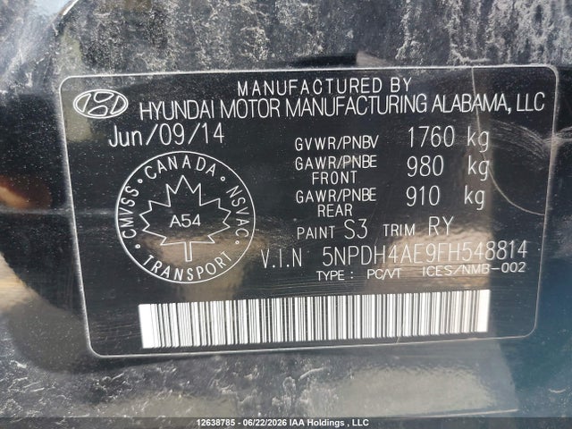 12638785 :رقم المزاد ، 5NPDH4AE9FH548814 vin ، 2015 Hyundai Elantra Gl مزاد بيع