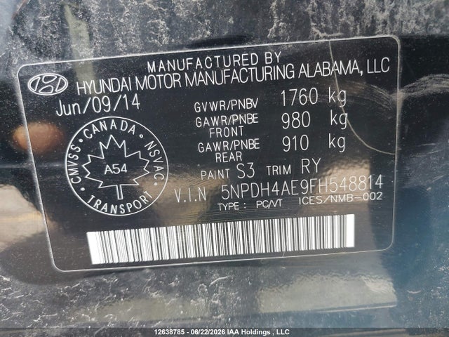 12638785 :رقم المزاد ، 5NPDH4AE9FH548814 vin ، 2015 Hyundai Elantra Gl مزاد بيع