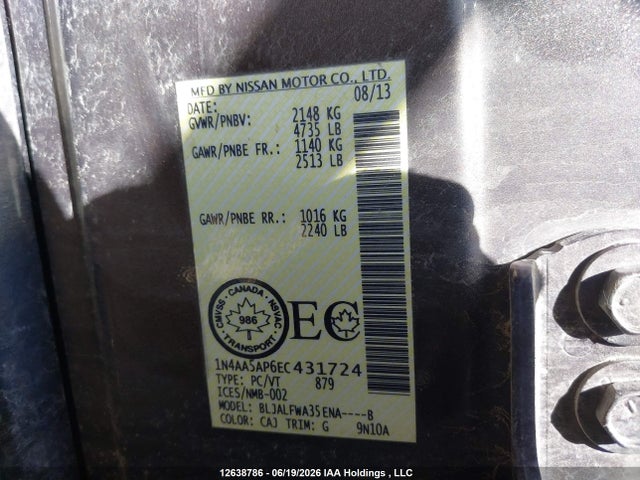 Aukcja sprzedaży 2014 Nissan Maxima S/sv, vin: 1N4AA5AP6EC431724, numer aukcji: 12638786