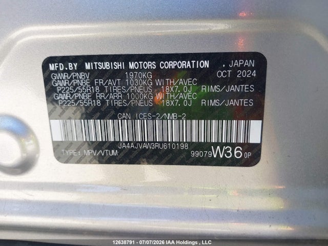 12638791 :رقم المزاد ، JA4AJVAW3RU610198 vin ، 2024 Mitsubishi Rvr Se/sel/noir/gt مزاد بيع