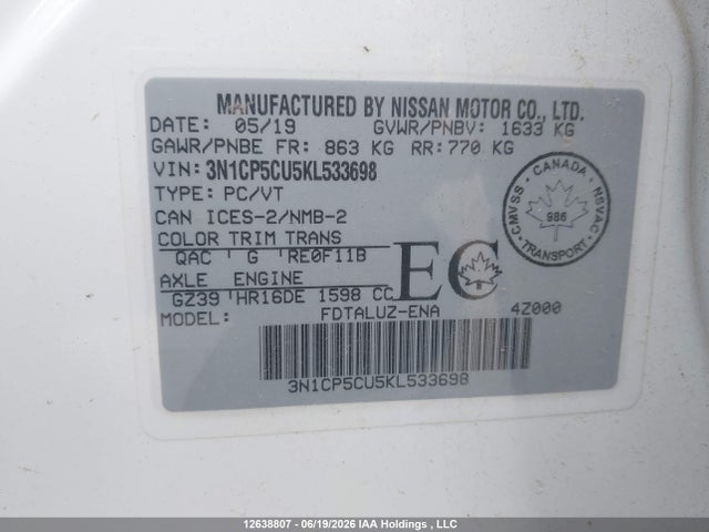 Nissan Kicks S/sr/sv 2019 3N1CP5CU5KL533698 Image 9