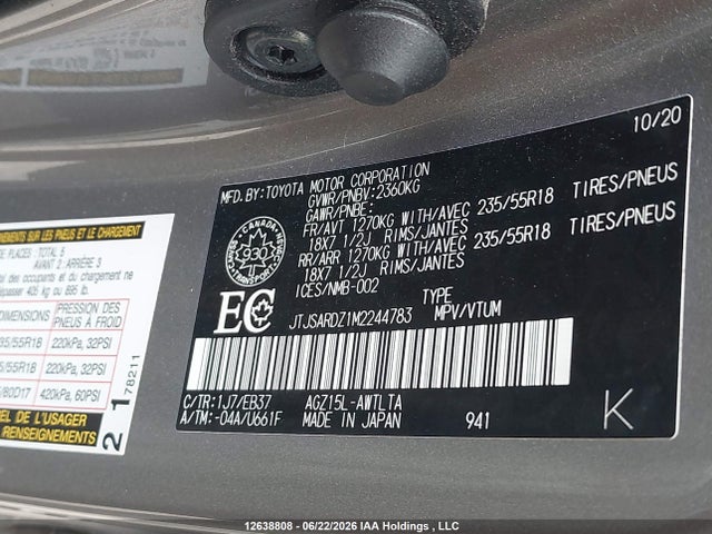 12638808 :رقم المزاد ، JTJSARDZ1M2244783 vin ، 2021 Lexus Nx 300 Base/300 Luxury/300 F Sport مزاد بيع