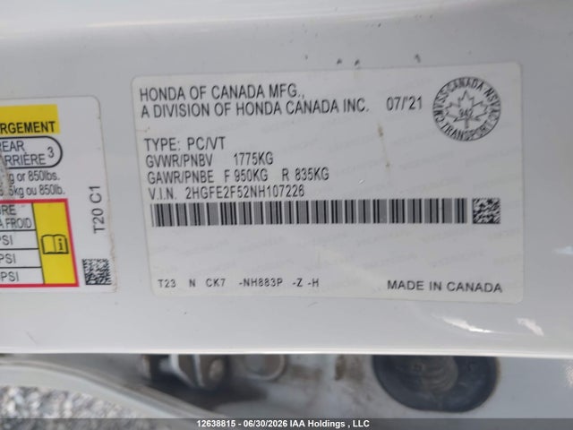 Продажа на аукционе авто 2022 Honda Civic Sport, vin: 2HGFE2F52NH107226, номер лота: 12638815