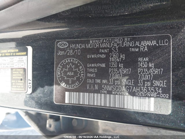 2010 Hyundai Santa Fe Gl 3.5 მანქანა იყიდება აუქციონზე, vin: 5NMSGDAG7AH363534, აუქციონის ნომერი: 12635756