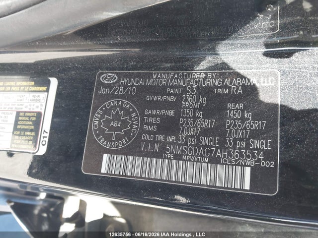 2010 Hyundai Santa Fe Gl 3.5 მანქანა იყიდება აუქციონზე, vin: 5NMSGDAG7AH363534, აუქციონის ნომერი: 12635756