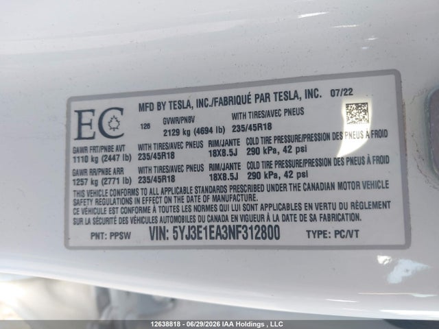 Tesla Model 3 Rwd/standard Range 2022 5YJ3E1EA3NF312800 Image 9