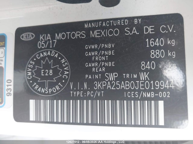2018 Kia Rio Lx/lx+ მანქანა იყიდება აუქციონზე, vin: 3KPA25AB0JE019944, აუქციონის ნომერი: 12627012