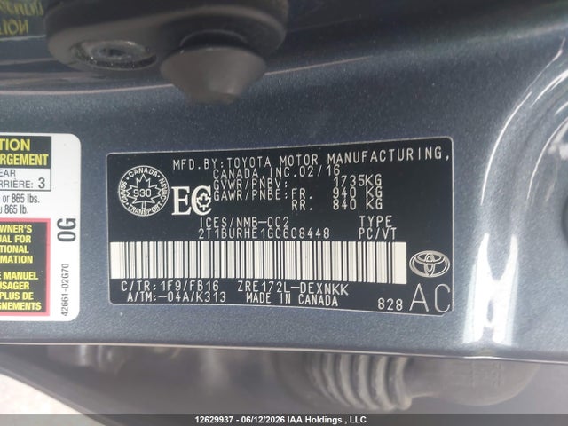 2T1BURHE1GC608448 Toyota COROLLA LE