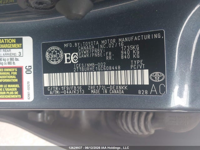 2T1BURHE1GC608448 Toyota COROLLA LE