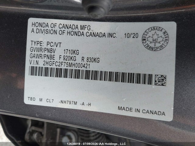 Honda CIVIC EX 2021 2HGFC2F75MH000421 Image 9