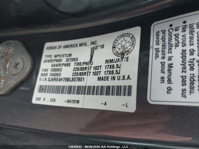 Aukcja sprzedaży 2011 Honda Cr-v Exl, vin: 5J6RE4H76BL807801, numer aukcji: 12638822