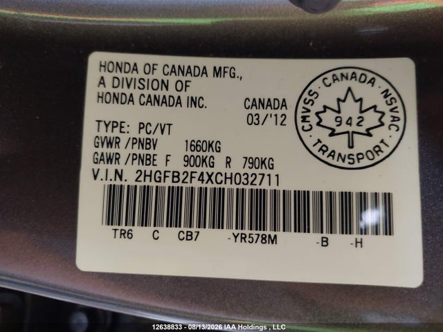 12638833 :رقم المزاد ، 2HGFB2F4XCH032711 vin ، 2012 Honda Civic Lx مزاد بيع
