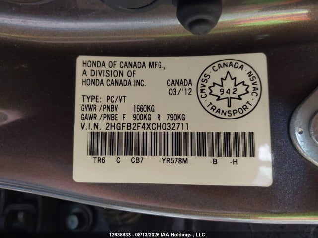 12638833 :رقم المزاد ، 2HGFB2F4XCH032711 vin ، 2012 Honda Civic Lx مزاد بيع
