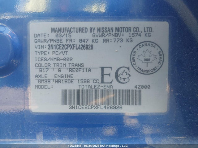 Aukcja sprzedaży 2015 Nissan Versa Note 1.6 S/1.6 Sl/1.6 Sr/1.6 Sv, vin: 3N1CE2CPXFL426926, numer aukcji: 12638848