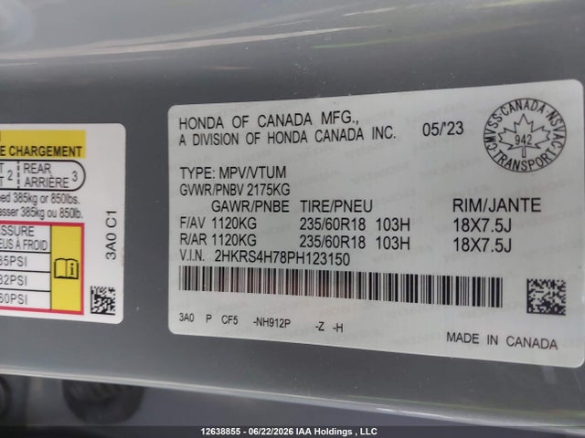 2HKRS4H78PH123150 Honda Cr-v Ex-l