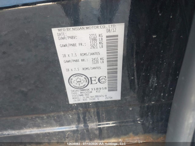 12638863 :رقم المزاد ، 5N1AL0MMXDC318958 vin ، 2013 Infiniti Jx35 مزاد بيع