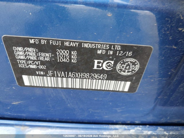 Aukcja sprzedaży 2017 Subaru Wrx, vin: JF1VA1A6XH9829649, numer aukcji: 12638867