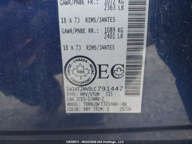 Продажа на аукционе авто 2020 Nissan Rogue S/sl/sv, vin: 5N1AT2MV0LC791447, номер лота: 12638873