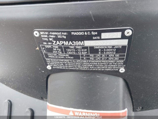 Продажа на аукционе авто 2021 Piaggio , vin: ZAPMA39M5M5202295, номер лота: 12638878