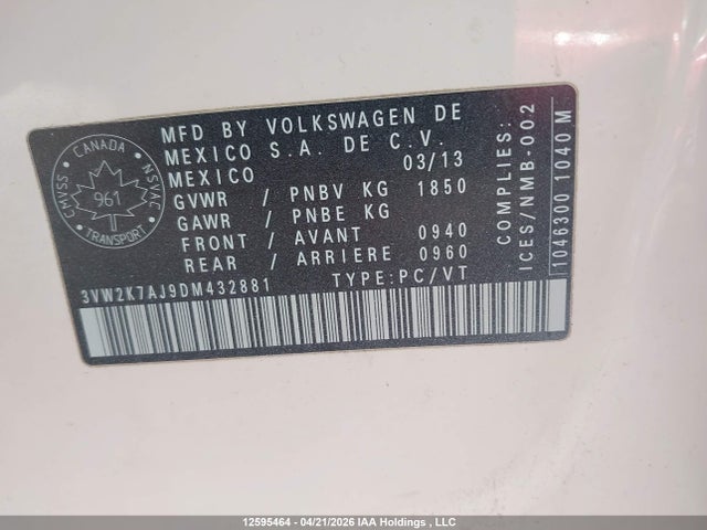 12595464 :رقم المزاد ، 3VW2K7AJ9DM432881 vin ، 2013 Volkswagen Jetta 2.0l Trendline/2.0l Trendline+ مزاد بيع