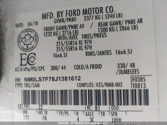 Aukcja sprzedaży 2018 Ford Transit Connect Xlt, vin: NM0LS7F78J1381612, numer aukcji: 12638882