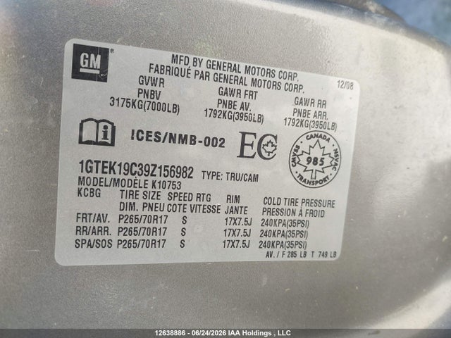 12638886 :رقم المزاد ، 1GTEK19C39Z156982 vin ، 2009 Gmc Sierra K1500 مزاد بيع