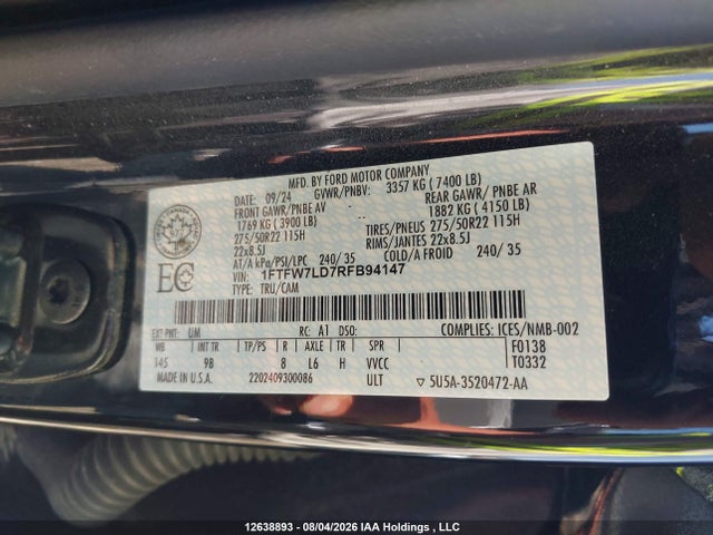 Aukcja sprzedaży 2024 Ford F-150, vin: 1FTFW7LD7RFB94147, numer aukcji: 12638893
